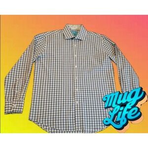 Christian Aujard Men's L Gray White Check Button Down Long Sleeves Cotton Blend